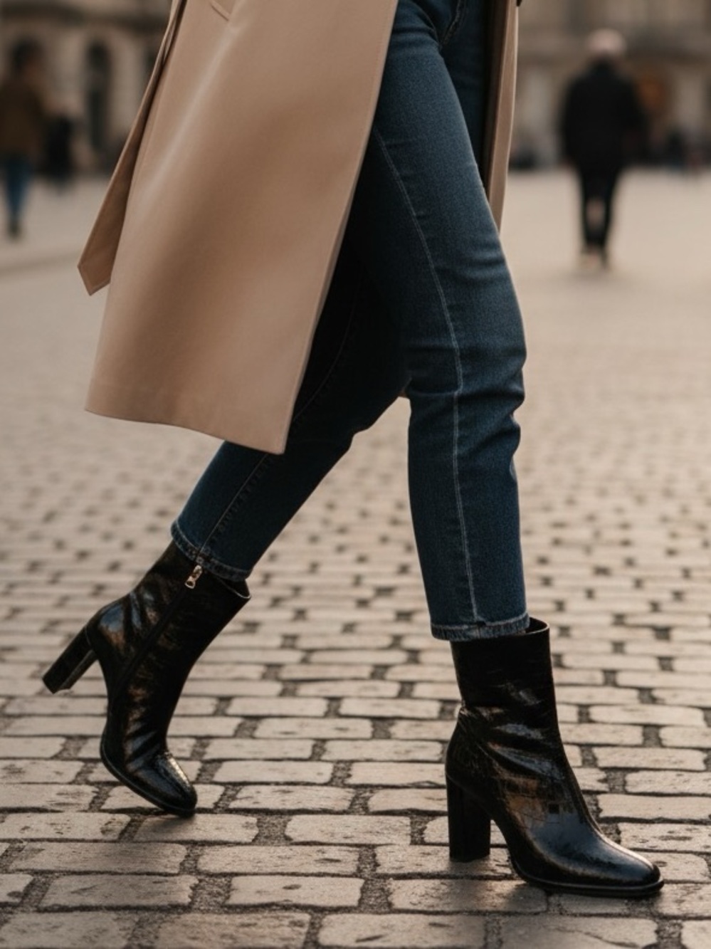 L’INTERVALLE Shiny Black Croc Mid Calf Boots w. 3.5” Heels